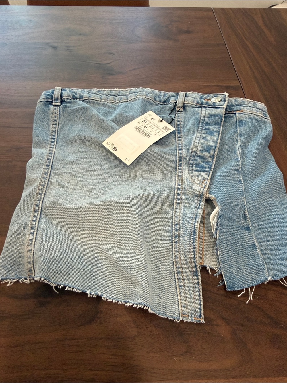 Zara Light Blue Denim Mini Skirt with Frayed Hem